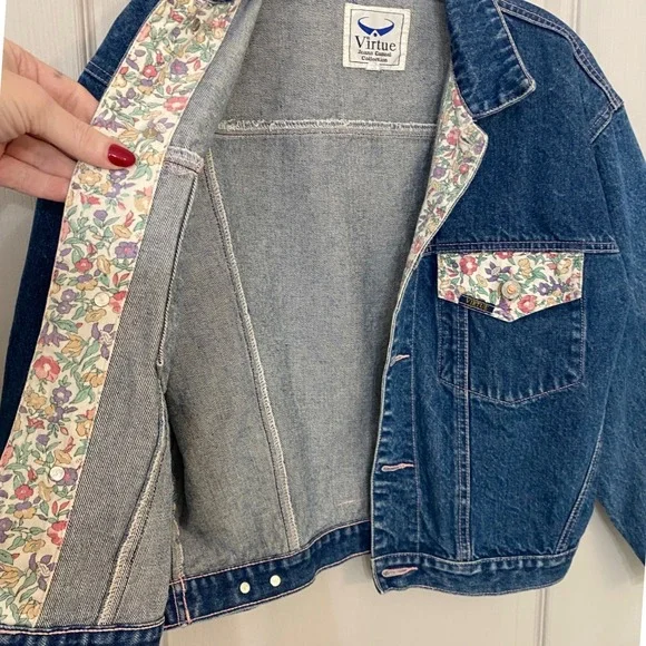 Virtue Jeans Casual Collection Denim Jacket Floral Print Pockets Lined 80s 90s M - Picture 7 of 9